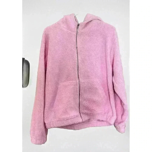 Forever 21 Pink Sherpa Zip Up Hoodie with Pockets size Large New - Picture 1 of 7